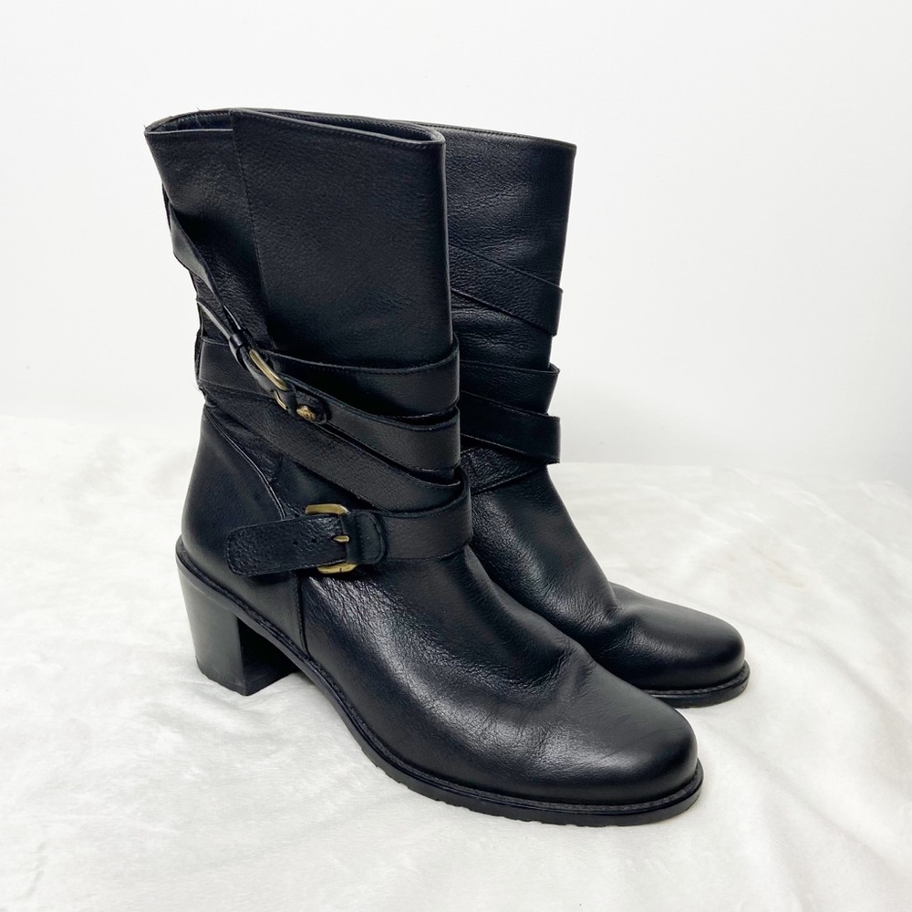 Stuart Weitzman Double Buckle Leather Moto Boots Sz 7.5N Black Mid-Calf